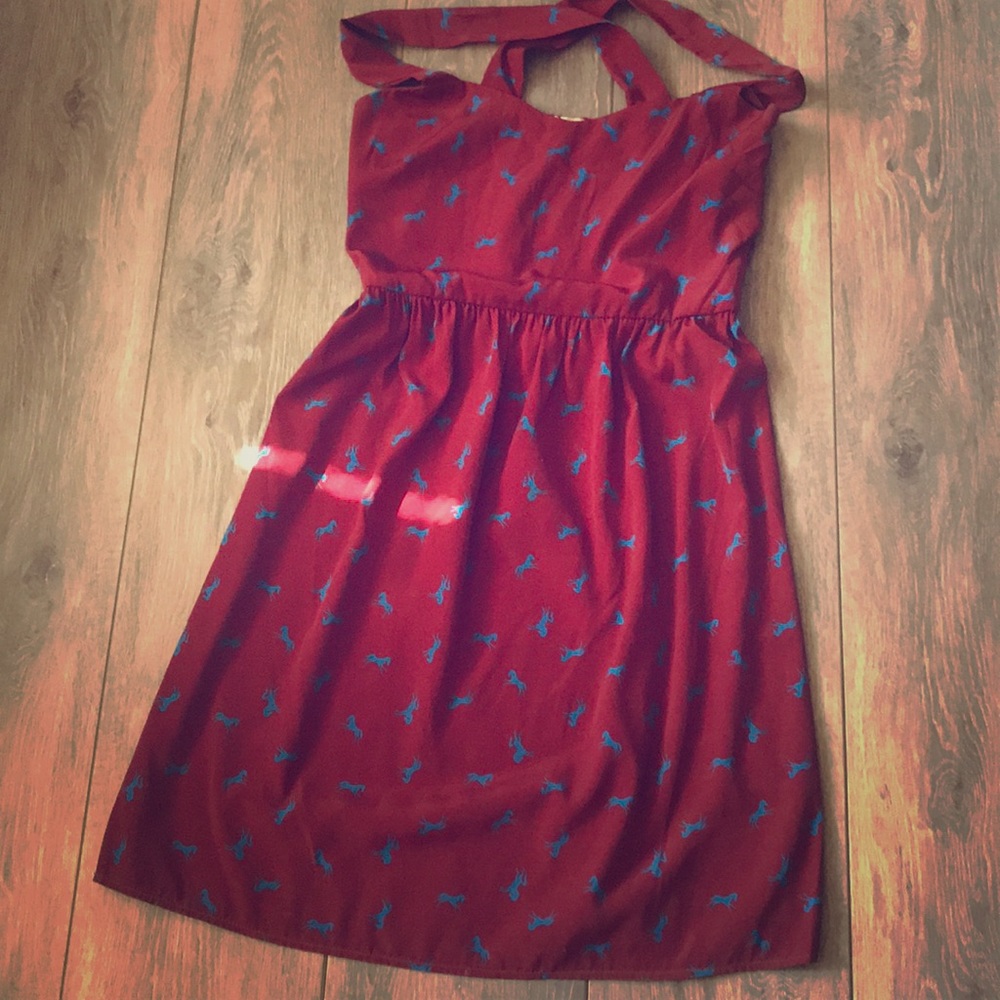 Everly Maroon dress with blue horse print